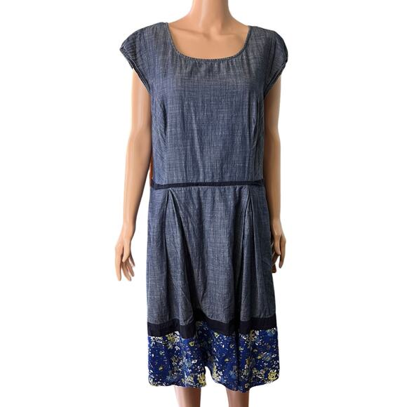 EShakti Summer Lightweight Chambray Fit And Flare Midi Dress With Floral Hem 2X - Picture 1 of 5